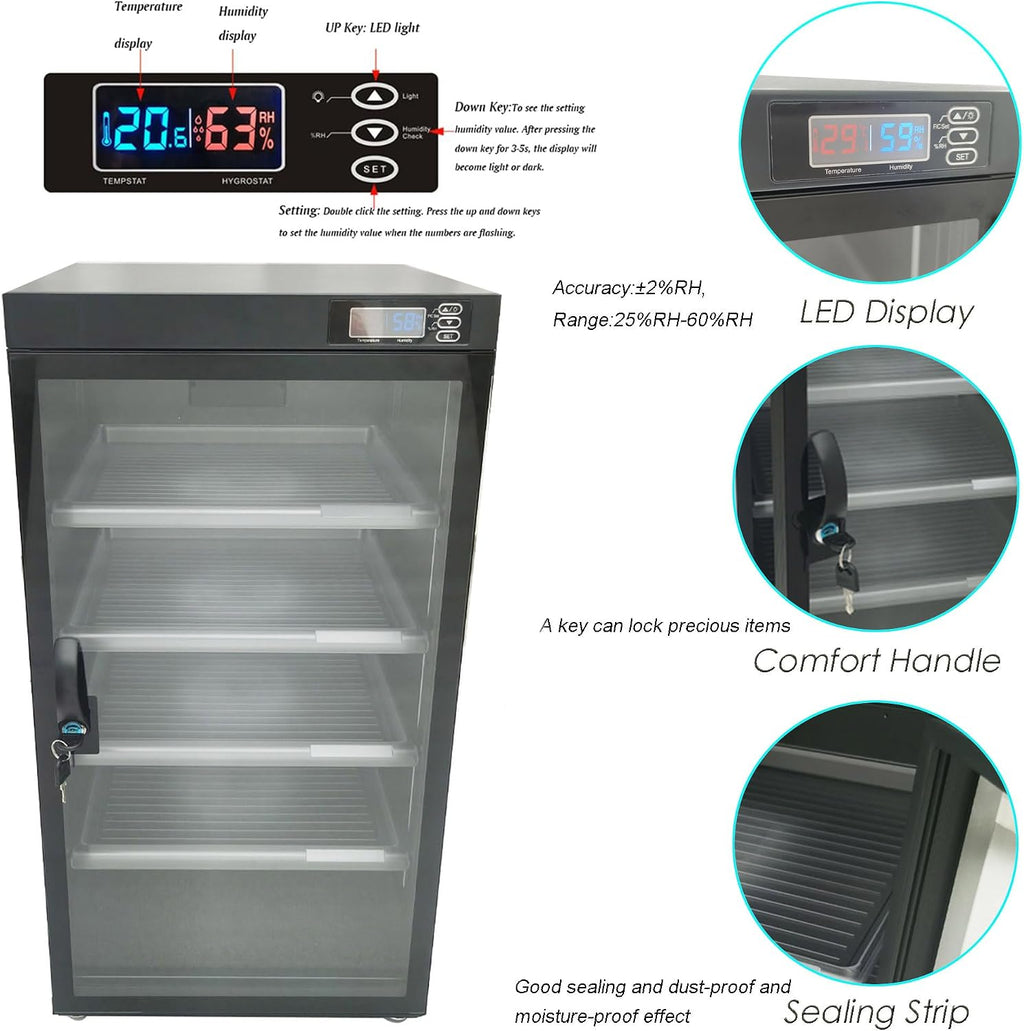 INTBUYING Camera Dry Cabinet 100L 5 Layers Camera Storage Dehumidifier with Lock Electronic Equipment Lens Intelligent Temperature Humidity LED Screen Noiseless