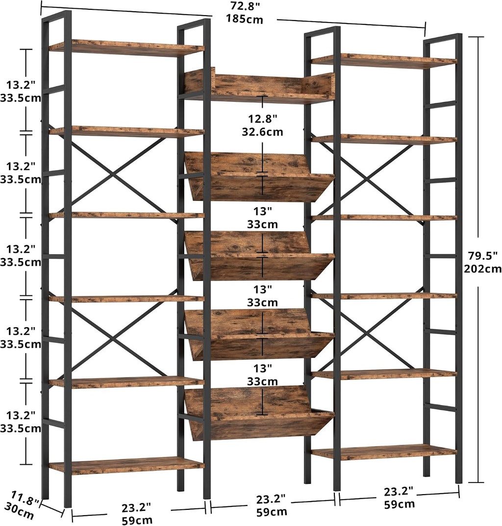 IRONCK Industrial Bookshelves 6 Tiers Triple Wide Bookshelf, Large Etagere Bookshelf Open Record Player Shelves with Metal Frame for Living Room Home Office