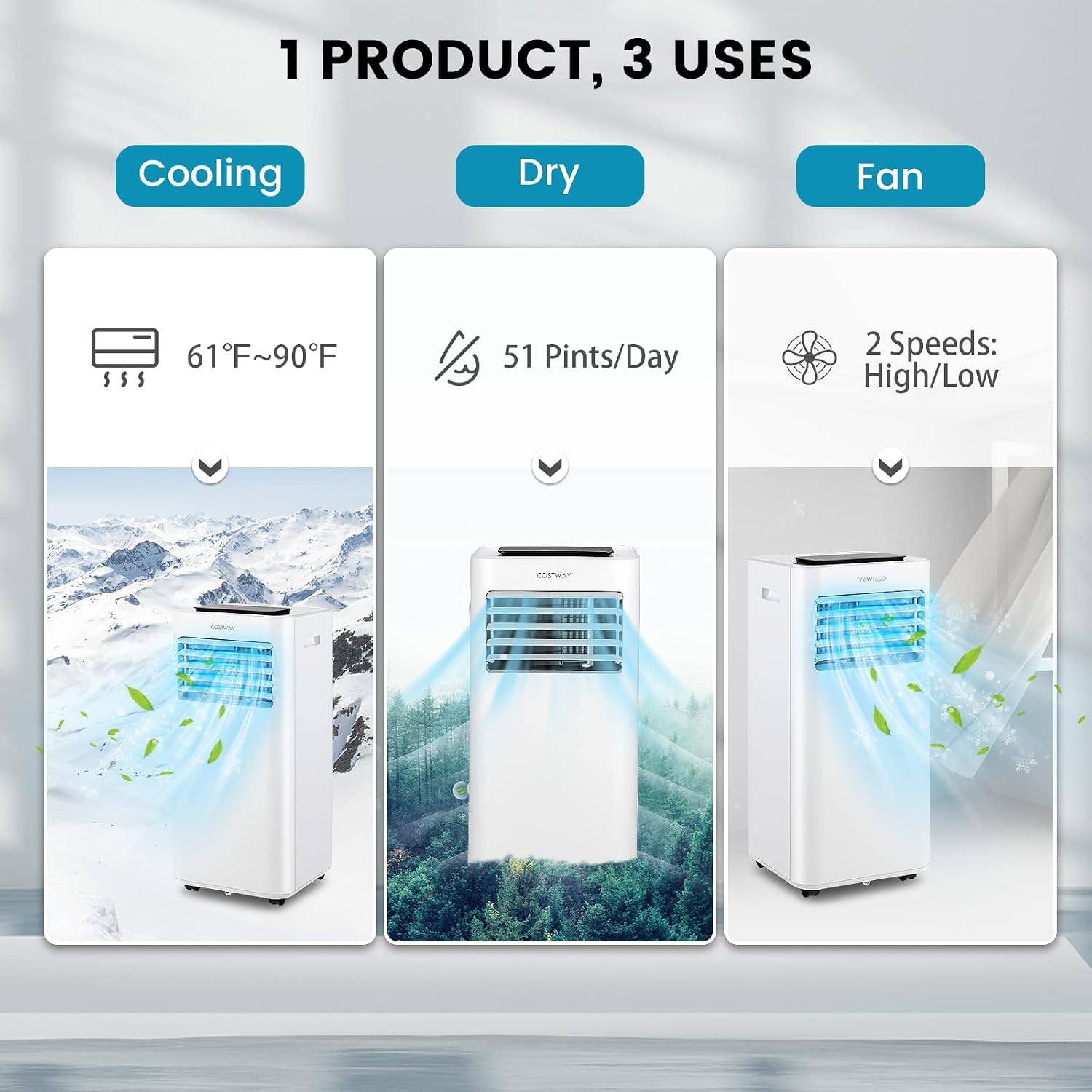 COSTWAY 10000 BTU Portable Air Conditioner, 3 in 1 AC Unit, Fan & Dehumidifier w/Sleep Mode, 24H Timer, LED Display, Child Lock, Remote Control & Window Kit for Bedroom, Office, Dorm (10000BTU)