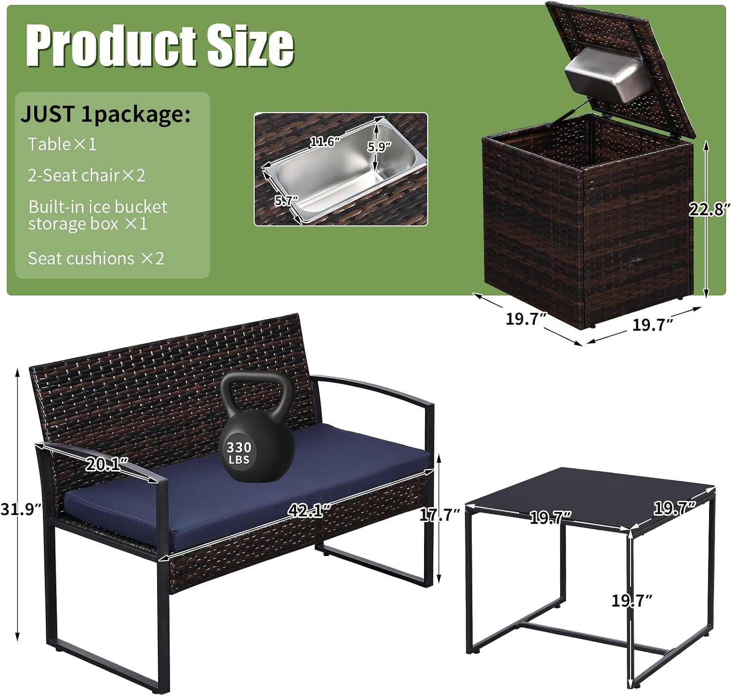 FHFO 4 Piece Outdoor Patio Furniture Set with Built-in Beverage Cooler Storage Box, Wicker Conversation Sets Patio Outdoor Loveseats & Coffee Table for Outside, Garden, Balcony, Porch, Brown/Blue