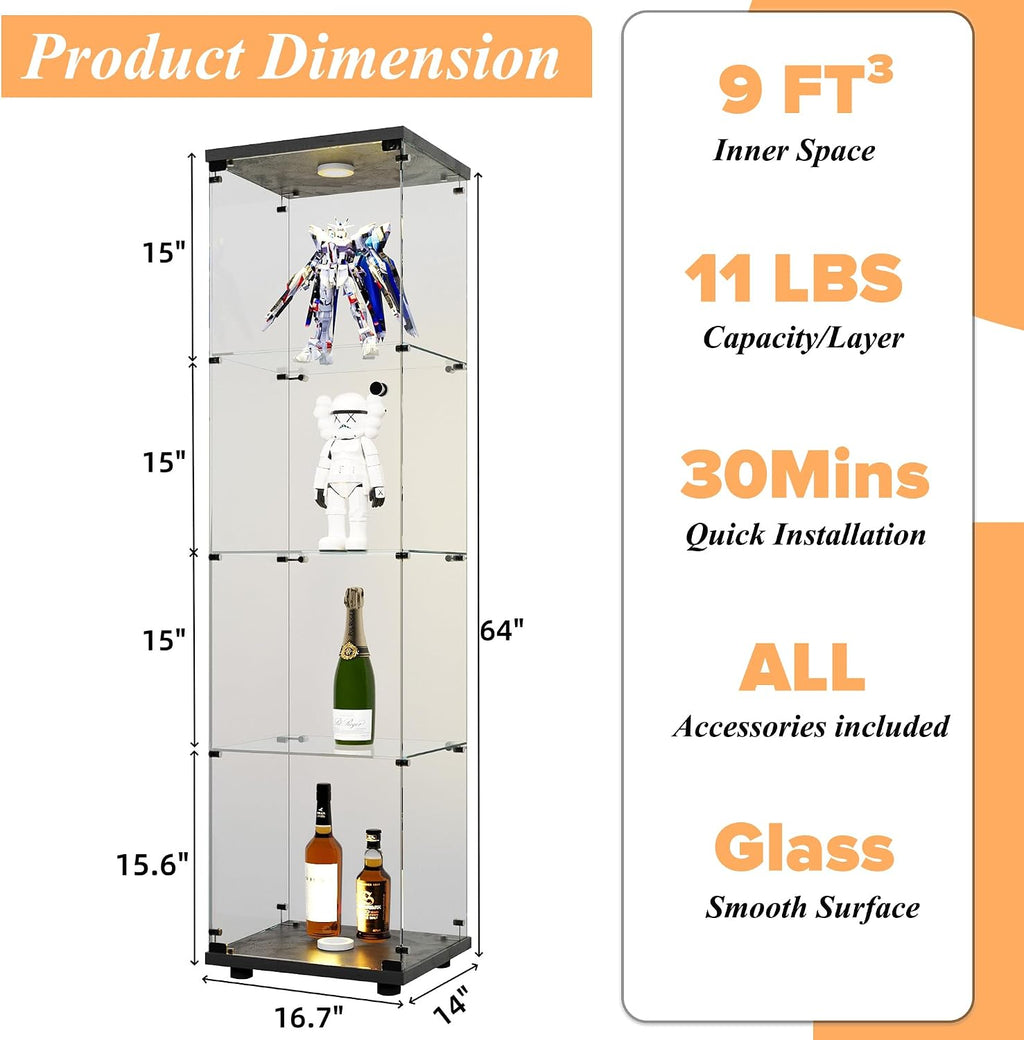 Glass Display Cabinet 4-Shelf with LED Lights and Lock,Curio Cabinets Upgraded Quick-Install Storage Cabinet,Glass Floor Standing Bookshelf for Bedroom,Living Room(Black)