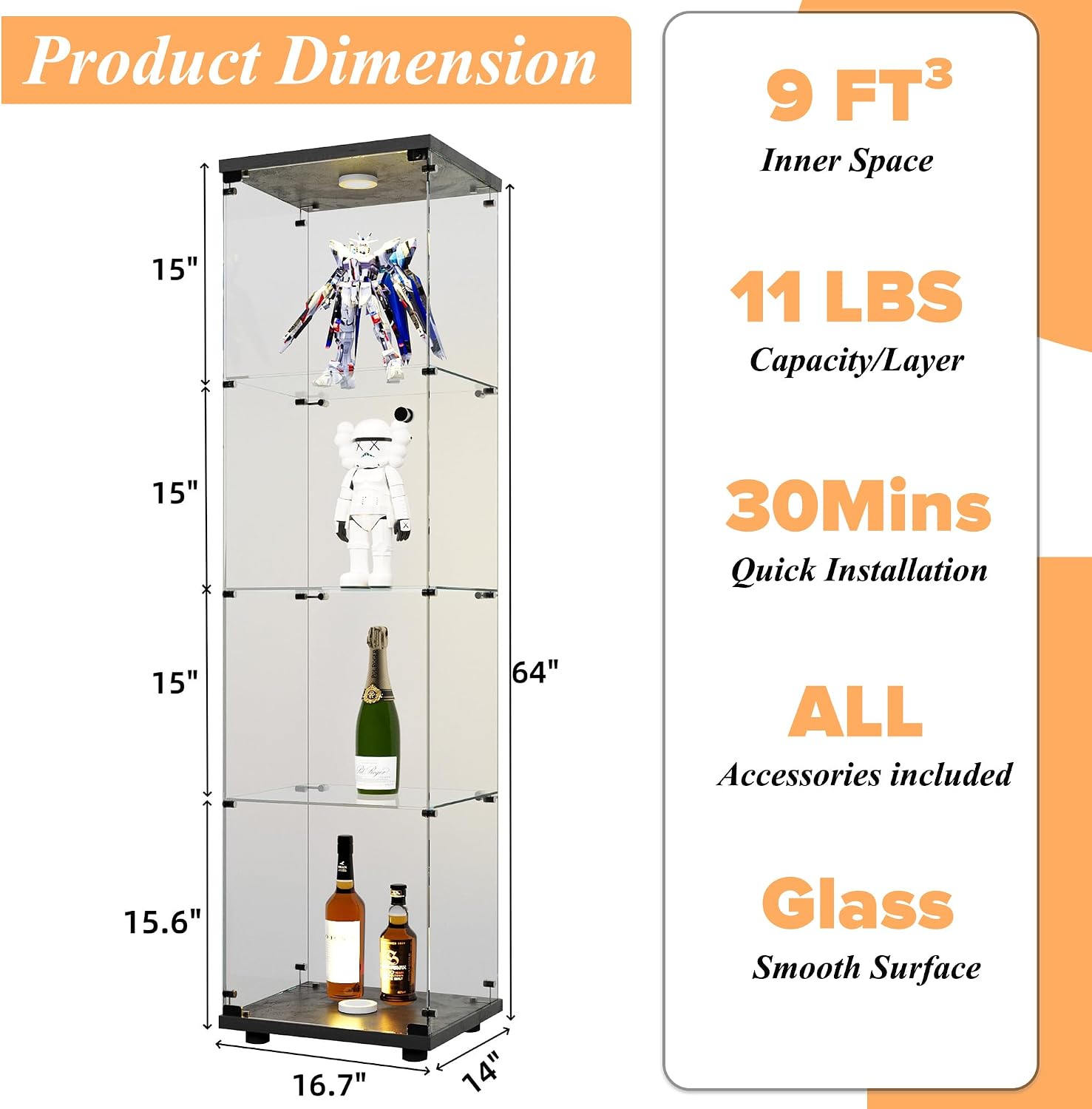Glass Display Cabinet 4-Shelf with LED Lights and Lock,Curio Cabinets Upgraded Quick-Install Storage Cabinet,Glass Floor Standing Bookshelf for Bedroom,Living Room(Black)