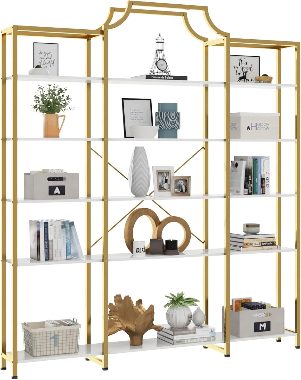 Auromie Triple Wide 5-Tier Bookshelf, 70.87' L x 79.13' H Extra Large Gold Bookcase, Tall Display Shelf with Metal Frame, Freestanding Etagere Storage Display Shelf for Home Office, White Gold