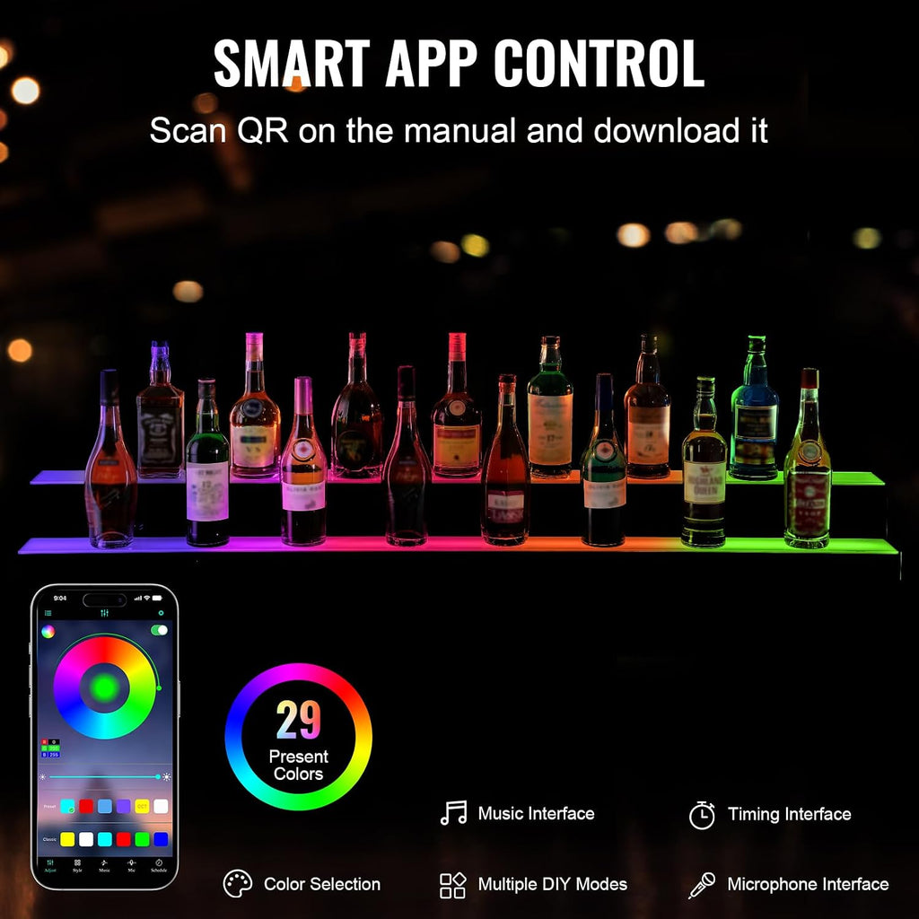 VEVOR LED Lighted Liquor Bottle Display, 2 Tiers 60 Inch Commercial Illuminated Home Bar Shelf, 2 Steps Whiskey Rack Stand, Acrylic Drink Shelves with RF Remote & App Control, and Multicolor Light
