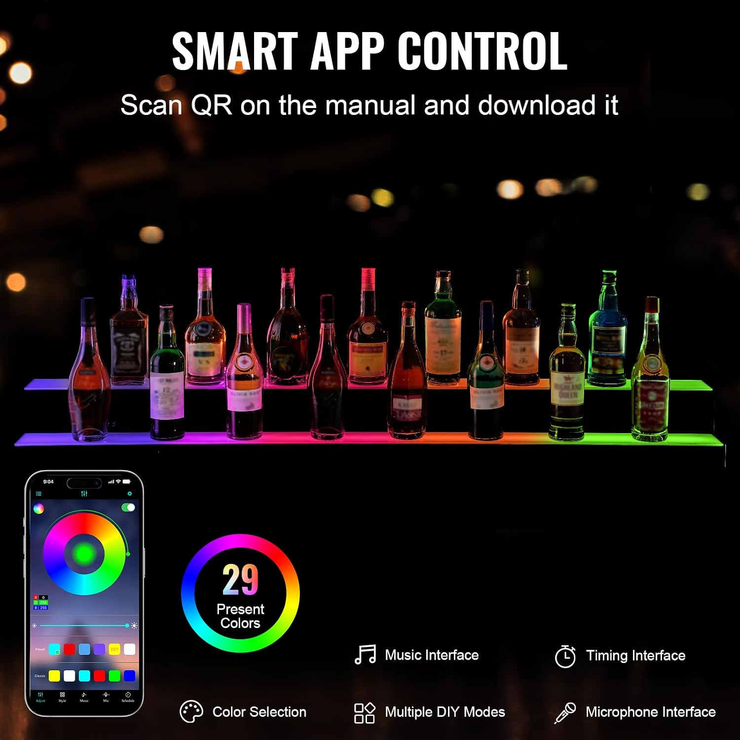 VEVOR LED Lighted Liquor Bottle Display, 2 Tiers 60 Inch Commercial Illuminated Home Bar Shelf, 2 Steps Whiskey Rack Stand, Acrylic Drink Shelves with RF Remote & App Control, and Multicolor Light
