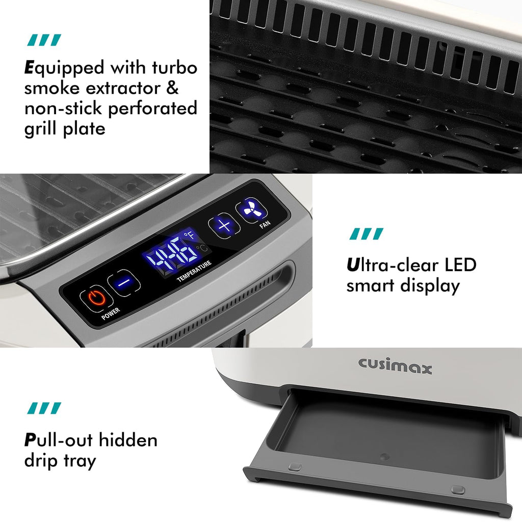 CUSIMAX Smokeless Indoor Electric Grill With Non-stick Removable Plate & Griddle, 1500W Korean BBQ With LED Smart Display & Tempered Glass Lid, White Combo