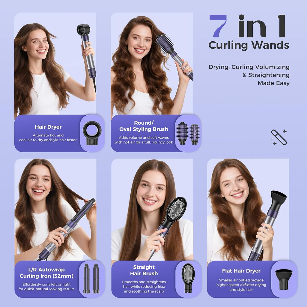 Vincofy 7-in-1 Hair Dryer Brush Blow Dryer, Hot Air Brush Styler with Travel Bag– Fast Drying, Curling, Straightening & Volumizing – 1500W High-Speed Motor 110,000 RPM – All Hair Types – Pink