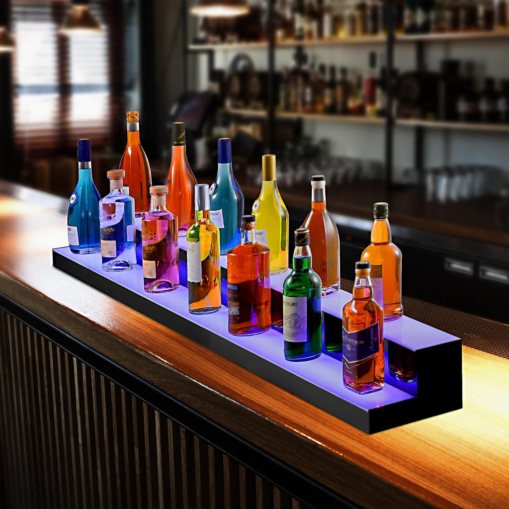 VEVOR LED Lighted Liquor Bottle Display, 2 Tiers 72 Inch Commercial Illuminated Home Bar Shelf, 2 Steps Whiskey Rack Stand, Acrylic Drink Shelves with RF Remote & App Control, and Multicolor Light