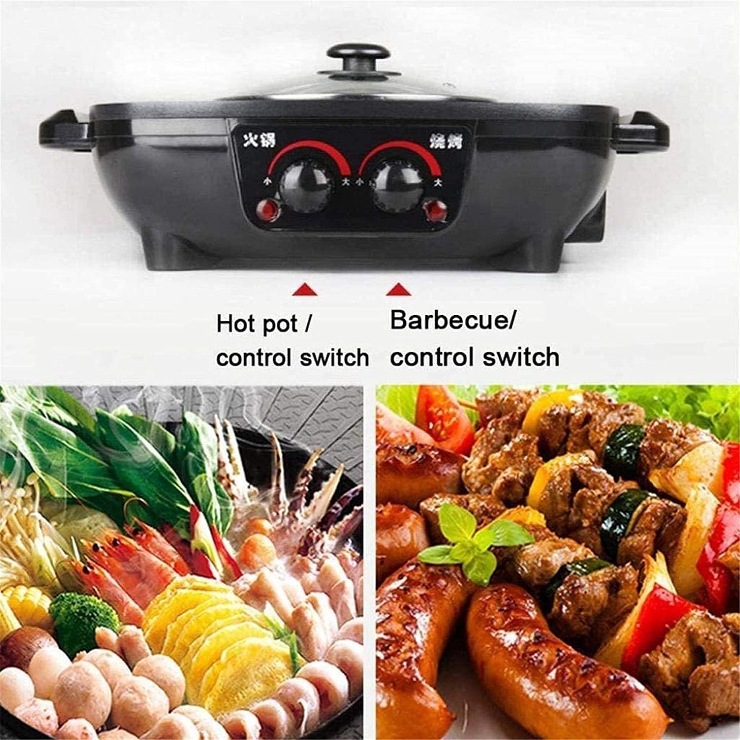 Electric BBQ Grill Indoor Electric Grill Square Black Dual Control Soup Roast Smoke Free Non-Stick Pan Electric Baking Pan Household Barbecue Dish Electric Hot Pot 1500W [Energy Class A],Port