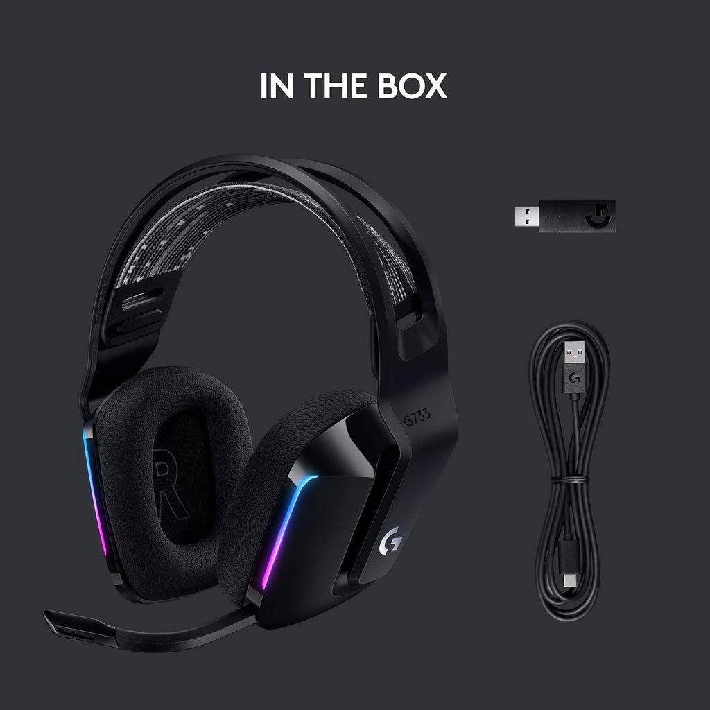 Logitech G733 Lightspeed Wireless Gaming Headset, Suspension Headband, Lightsync RGB, Blue VO!CE Mic, PRO-G Audio – Black, Gaming Headset Wireless, PC, PS5, PS4, Switch Compatible
