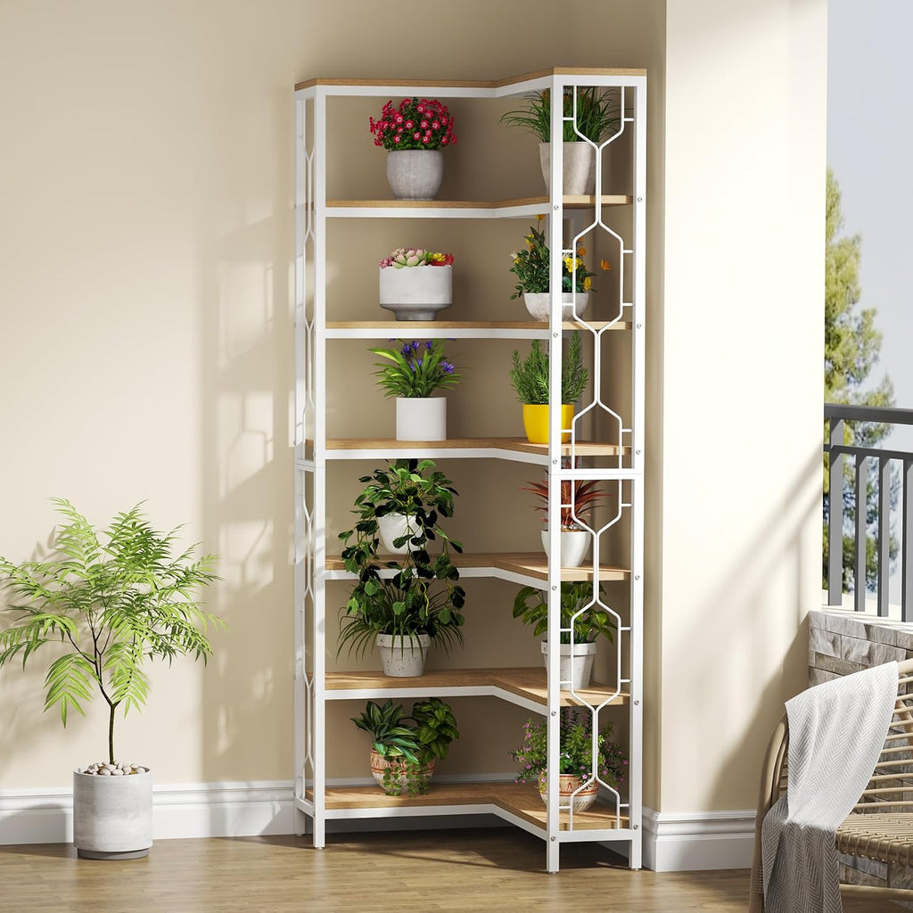 Tribesigns Corner Shelf, 7-Tier Industrial Corner Bookshelf, Wood and Metal Corner Etagere Bookcase, Freestanding Display Shelf for Living Room, Kitchen, Home Office, White and Walnut