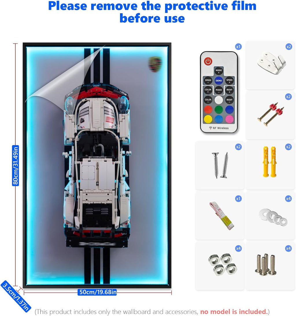 Display Wallboard with RGB LED Lights Compatible with Lego Technic Porsche 911 RSR Race Car Model Building Kit 42096 - Adult Collectibles Wall Mount for Home or Office Décor (No Car Included)