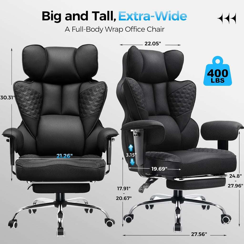 COMHOMA Big and Tall Office Chair Heavy Duty Wide Ergonomic Fabric Deluxe Embossing Designed Gaming Chair with Foot Rest,150°Reclining Adjustable Armrests Pocket Spring Back Support and Pillow