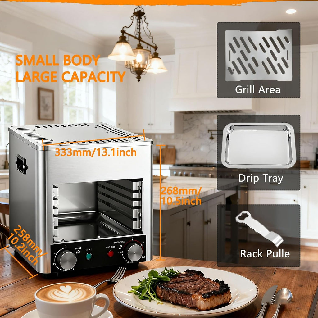1700W Electric Steak Broiler, Indoor Smokeless Electric Grill, 1472°F Stainless Steel Steak Cooker with 10-Tier Adjustable Rack, for BBQ Beef Chicken Vegetables 4GrillingSlots