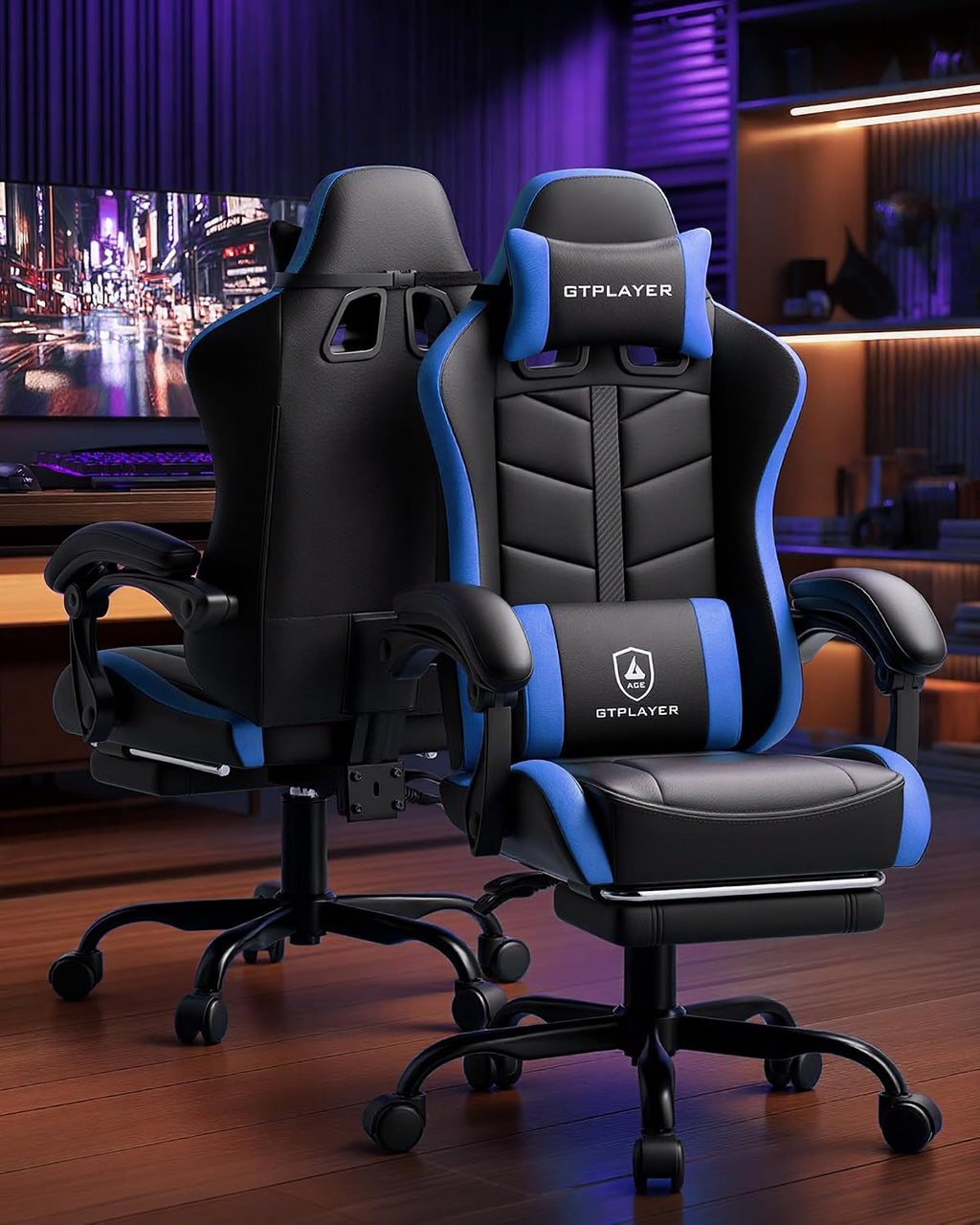 GTPLAYER Gaming Chair for Adults, Ergonomic Computer Gaming Chair with Footrest, Height Adjustable, 90-155° Recline & Removable Headrest Lumbar Support, Black&Blue