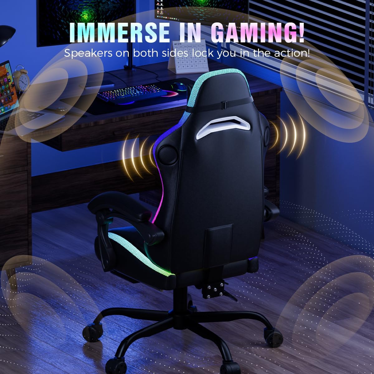 GTPLAYER Gaming Chair, Computer Chair with RGB LED Lights, High Back Ergonomic Chair for Adults with Footrest and Linkage Armrests& Headrest Lumbar Support (with Bluetooth Speakers)