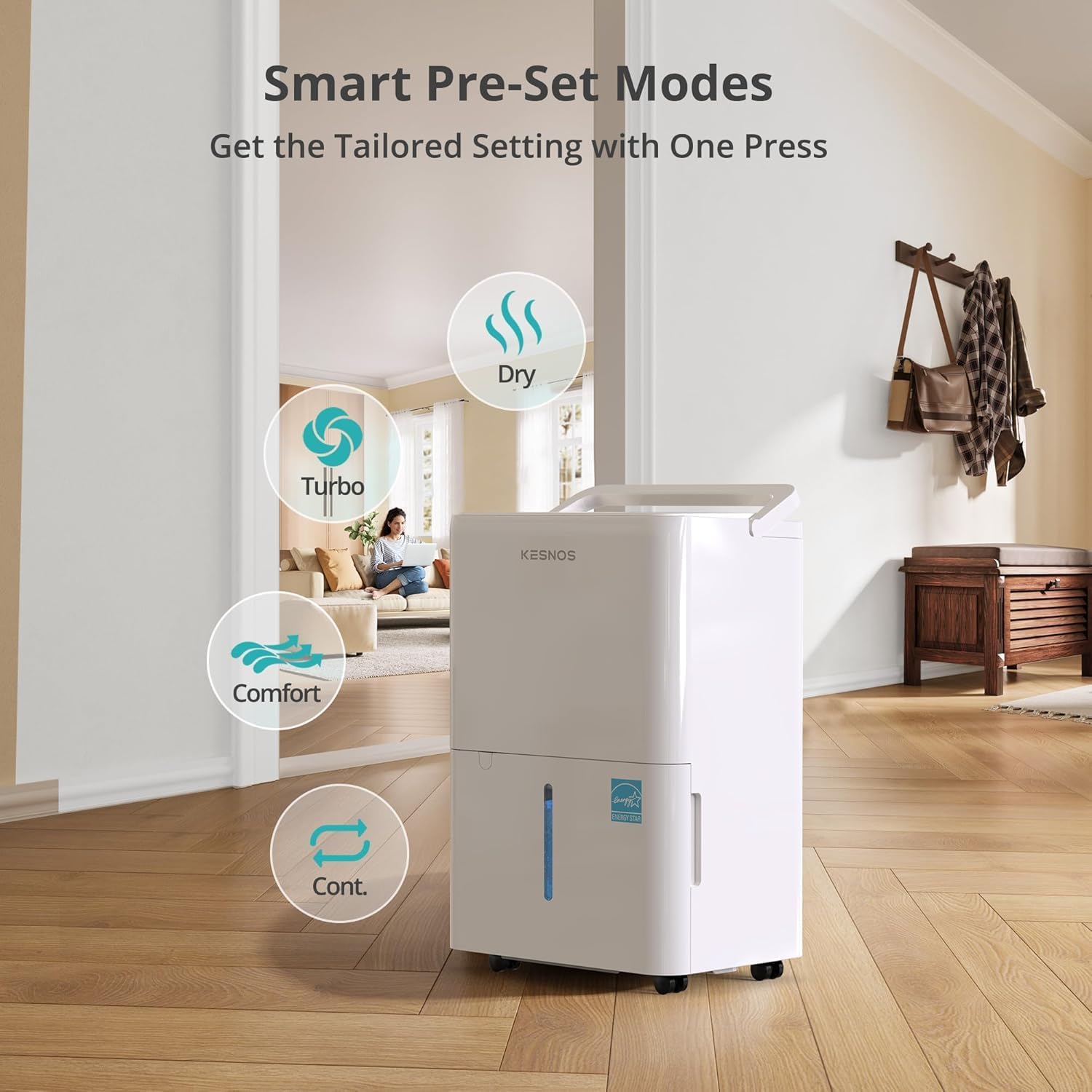 Kesnos 2,500 Sq. Ft. Energy Star 2025 Dehumidifier for Basement & Home, 4 Pre-Set Modes, Timer, Auto Defrost, Ideal for Bedroom with Ultra Quiet 36 dB, 0.39-Gallon Water Tank with Drain Hose