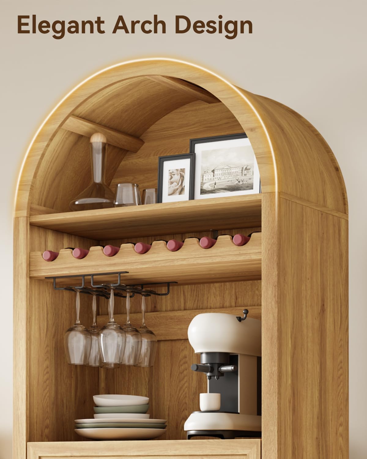 72' Tall Arched Kitchen Pantry, Modern Wood Kitchen Storage Cabinets with Large Drawer, 4 Door Shelves, Adjustable Shelves, and Wine Racks, Versatile Cupboard for Dining Room, Natrual Oak
