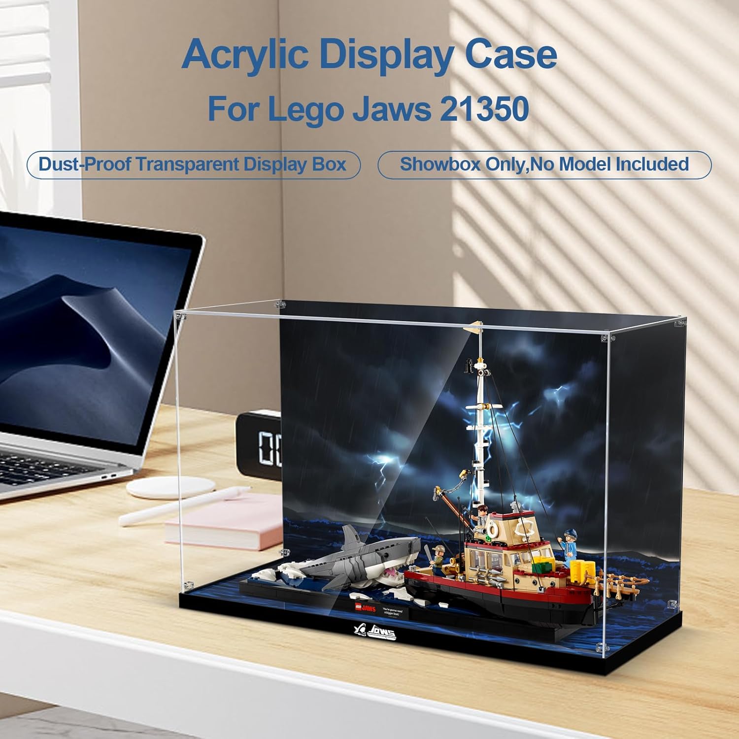 Acrylic Display Case for Lego Jaws Set, Dustproof Display Box Compatible with Lego 21350 (ONLY Box, NOT Model) Clear Acrylic Plate with Base & HD Painted