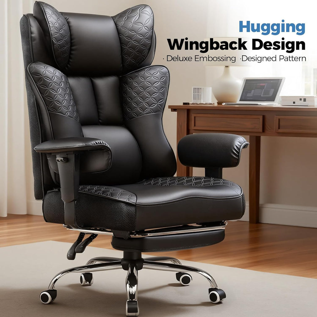 GTPLAYER Big and Tall Office Chair Wide Ergonomic Gaming Chair with Deluxe Embossing Designed Leather with Foot Rest,150°Reclining Adjustable Soft Armrests Pocket Spring Back Support and Pillow