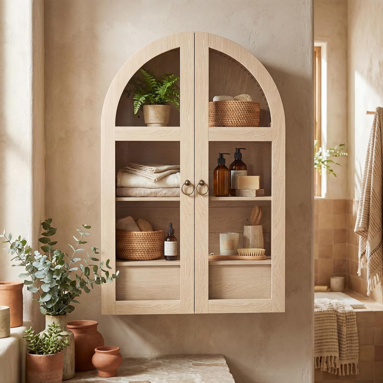 Medicine Cabinet with Tempered Glass Door, Arched Bathroom Wall Cabinet with Adjustable Shelf, for Kitchen, Living Room, Entryway, Laundry Room, Apartment, Office, Small Space, Oak