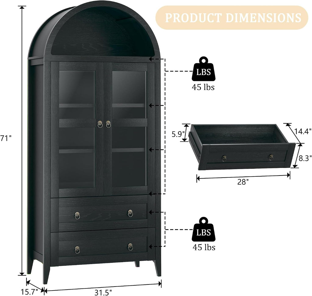 HUAHUU 71' Tall Arched Kitchen Pantry, Arched Cabinet, Kitchen Storage Cabinets with 2 Large Drawers & Adjustable Shelves & Glass Door for Living Room, Dining Room, Black