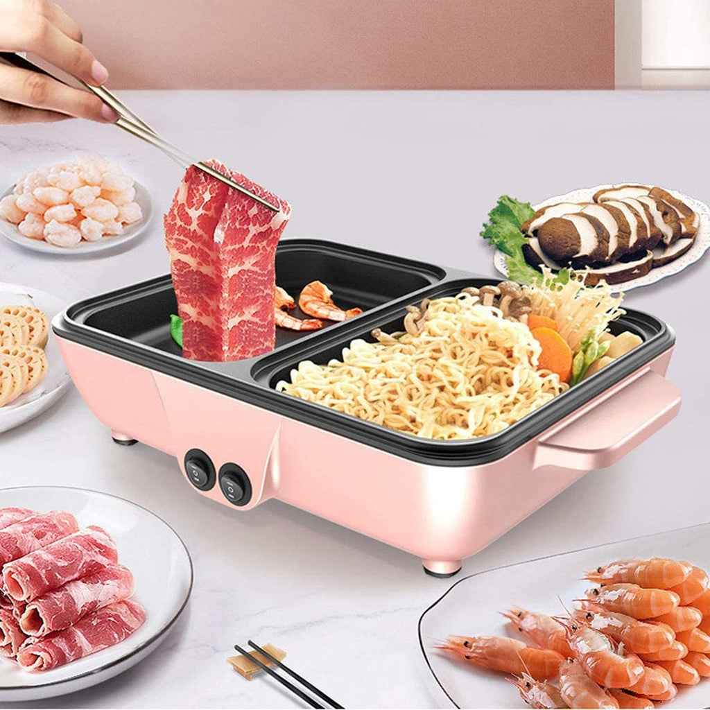 BBQ Smokeless Grill Non-stick Electric Griddle 2-in-1 Indoor Grill Pot Small Multifunctional Electric Cooker Smokeless BBQ Grill Shabu Pot Cooking Pot Temperature Control White 30x22x8.5cm (Color : W