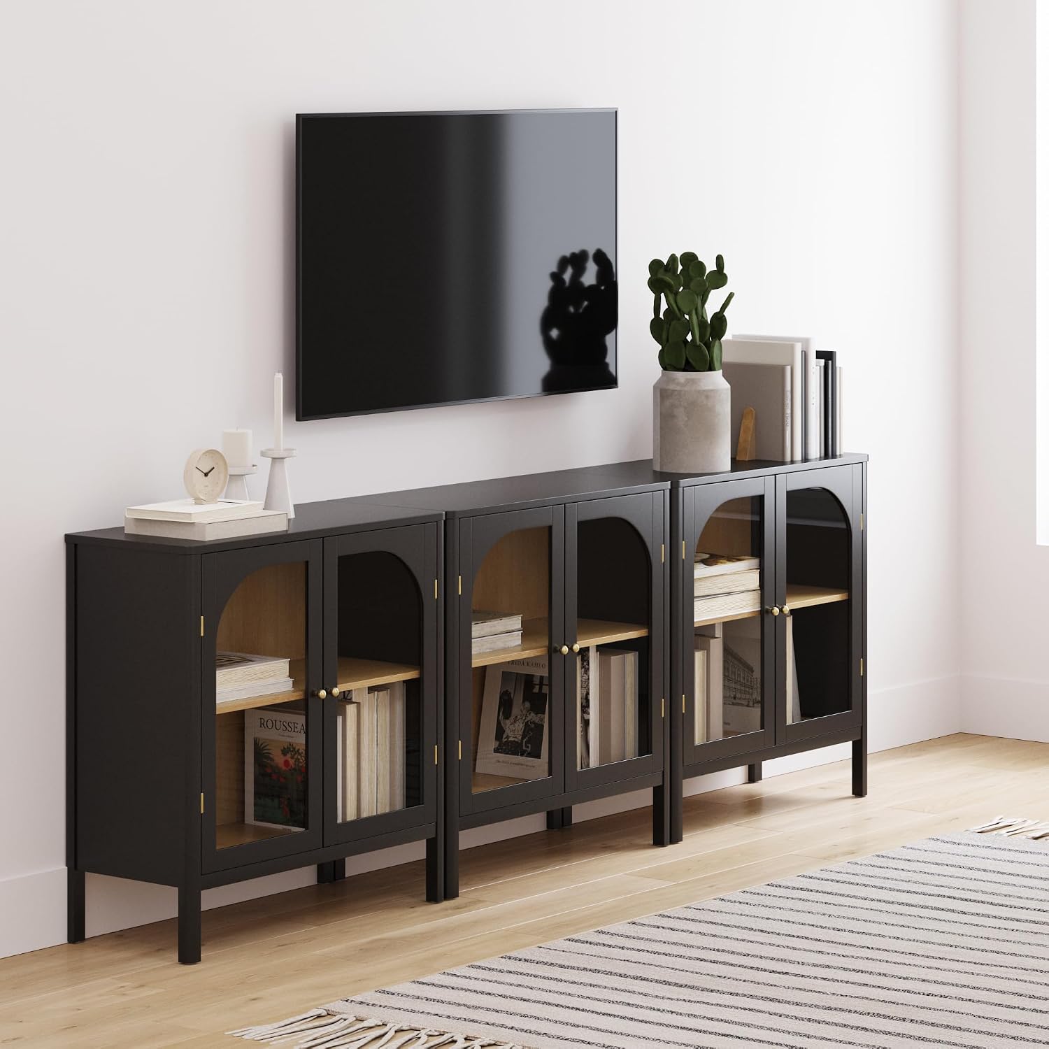 Nathan James Mason Storage Cabinet Accent Sideboard Buffet Credenza TV Stand with Glass Doors and Adjustable Shelf in Black Wood for Dining Room, Entryway and Living Room, Clear Glass/Black, Set of 3