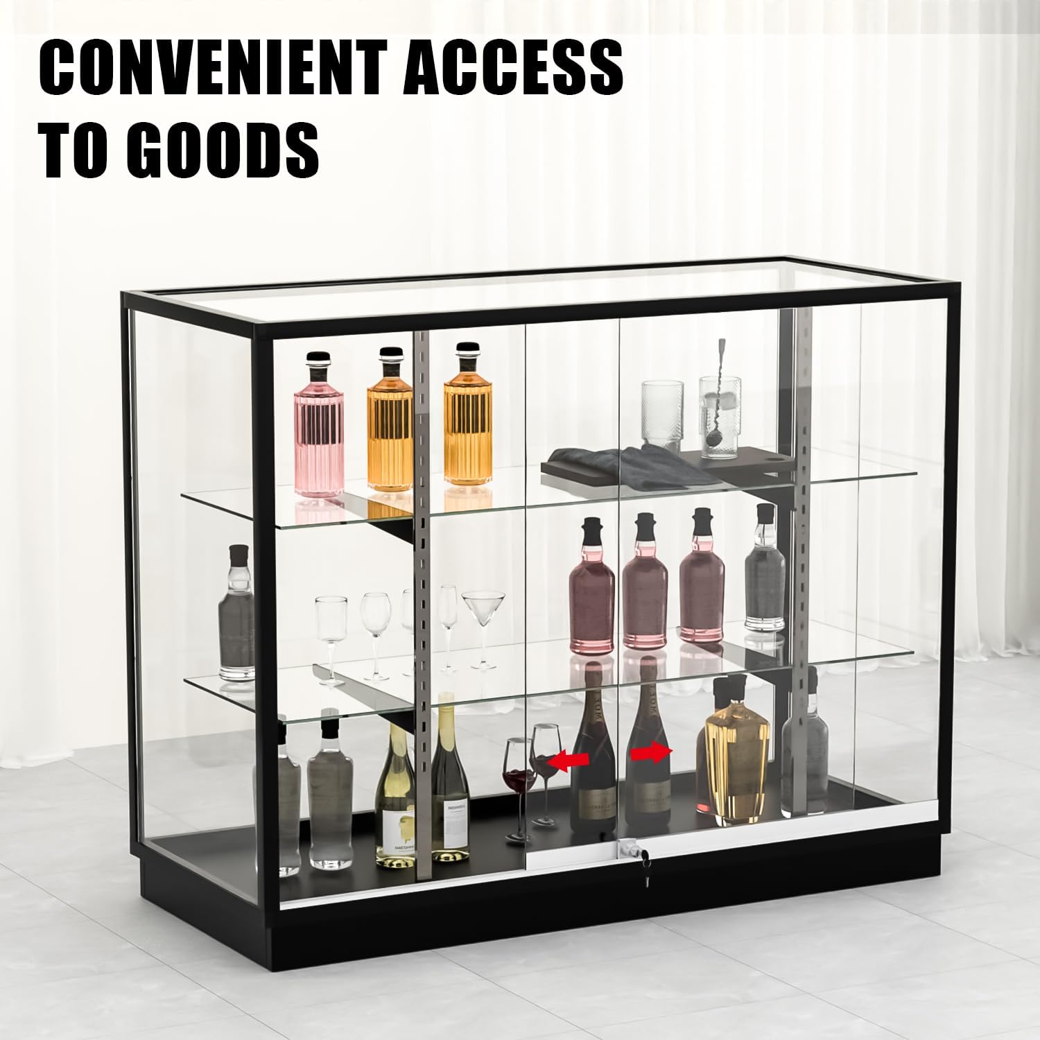 70'D * 20'W * 38'H - Retail Full Vision Showcase - Glass Display Cabinet with Black Aluminum Frame and led Lights