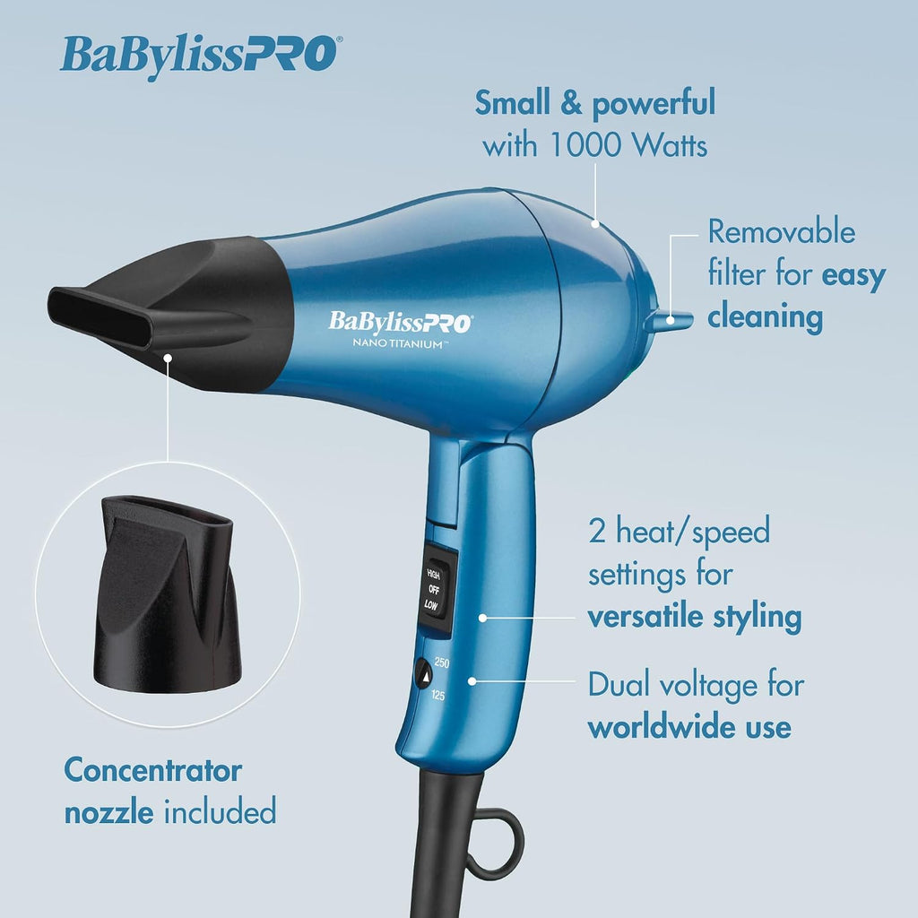 BaBylissPRO Nano Titanium Travel Hair Dryer, 1000 Watt Professional Blow Dryer with Concentrator Nozzle, Foldable Handle, Dual Voltage