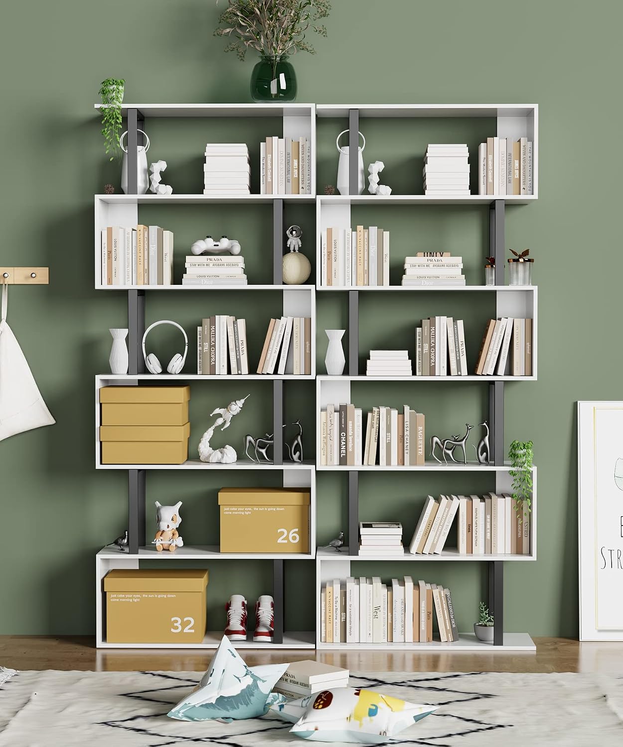 Gadroad 6 Tier Geometric Bookcase,S Shaped Bookshelf, Wood Decorative Storage Shelving, Modern Freestanding Display Shelves, Tall Book Shelf Unit for Living Room Bedroom, White