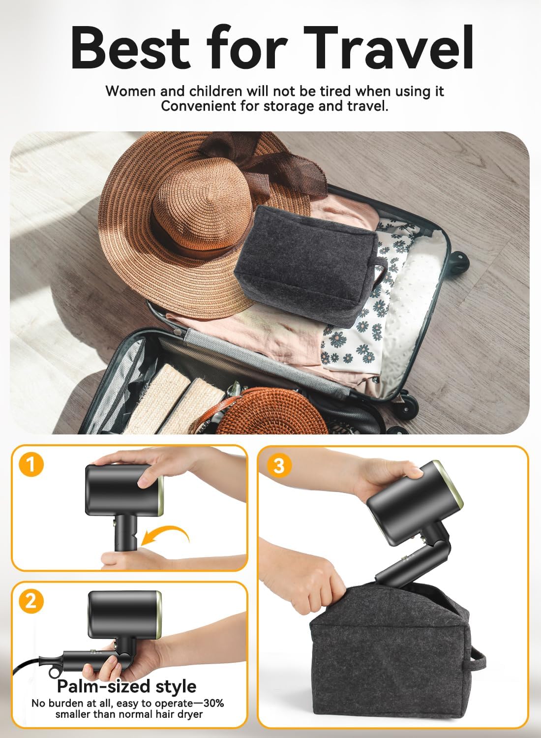 Hair Dryer, Ionic Blow Dryer - Fast Drying, Low Noise, Foldable Portable with Diffuser and Nozzle, Compact Mini for Women and Men - 1 Pack