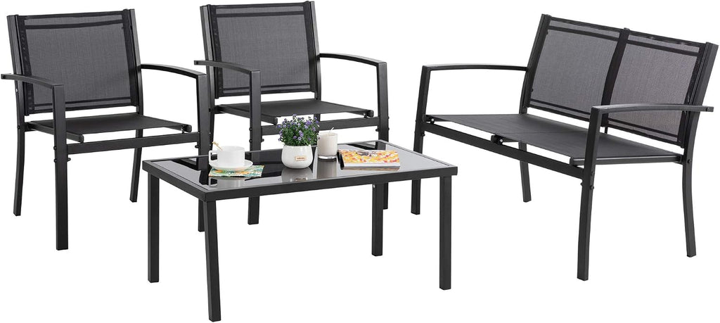 Vongrasig 4 Pieces Patio Furniture Sets, Outdoor Patio Conversation Sets with Glass Coffee Table for Garden, Backyard, Lawn, Poolside (Dark Grey)