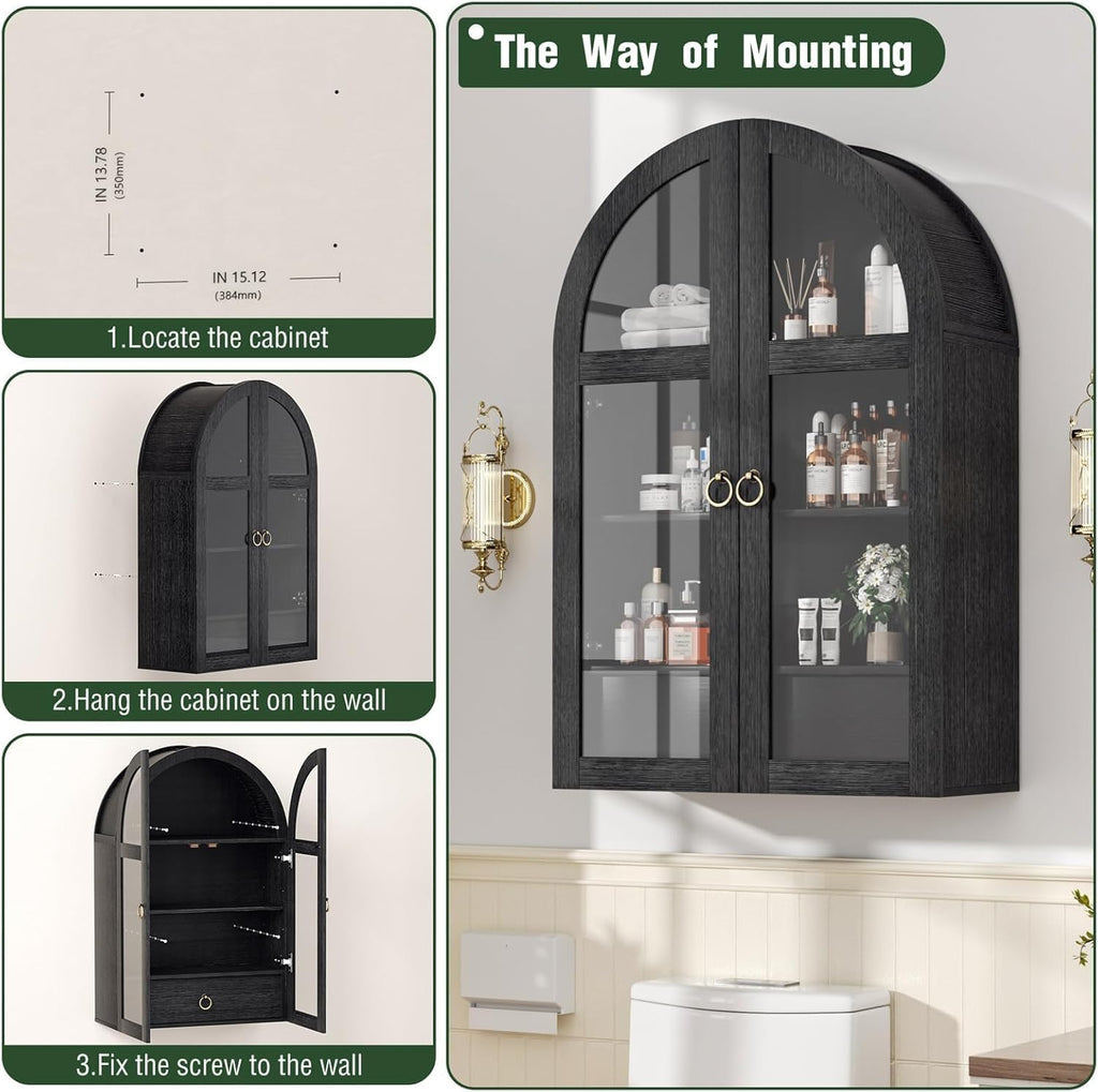 Arched Wall Cabinet with Tempered Glass Doors, 23.5×31.4 Inch Hanging Storage Cabinet with Adjustable Shelf, Glass Display Cabinet for Bathroom, Kitchen, Living Room, Black