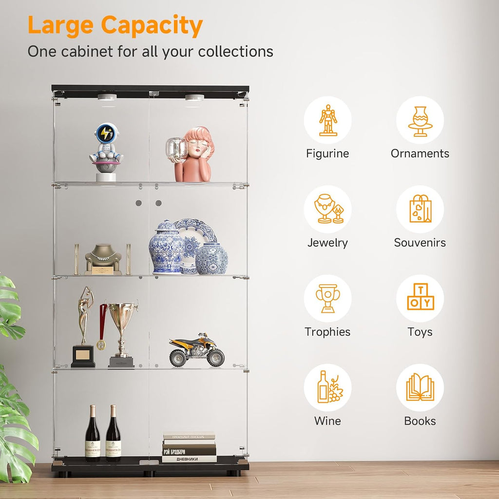 Zevemomo Tempered Glass Display Cabinet with Lights, 4-Tier Curio Cabinet with Glass Doors and Lock, Glass Display Case for Collectibles, for Living Room, Bedroom, Office, Black, Double Door