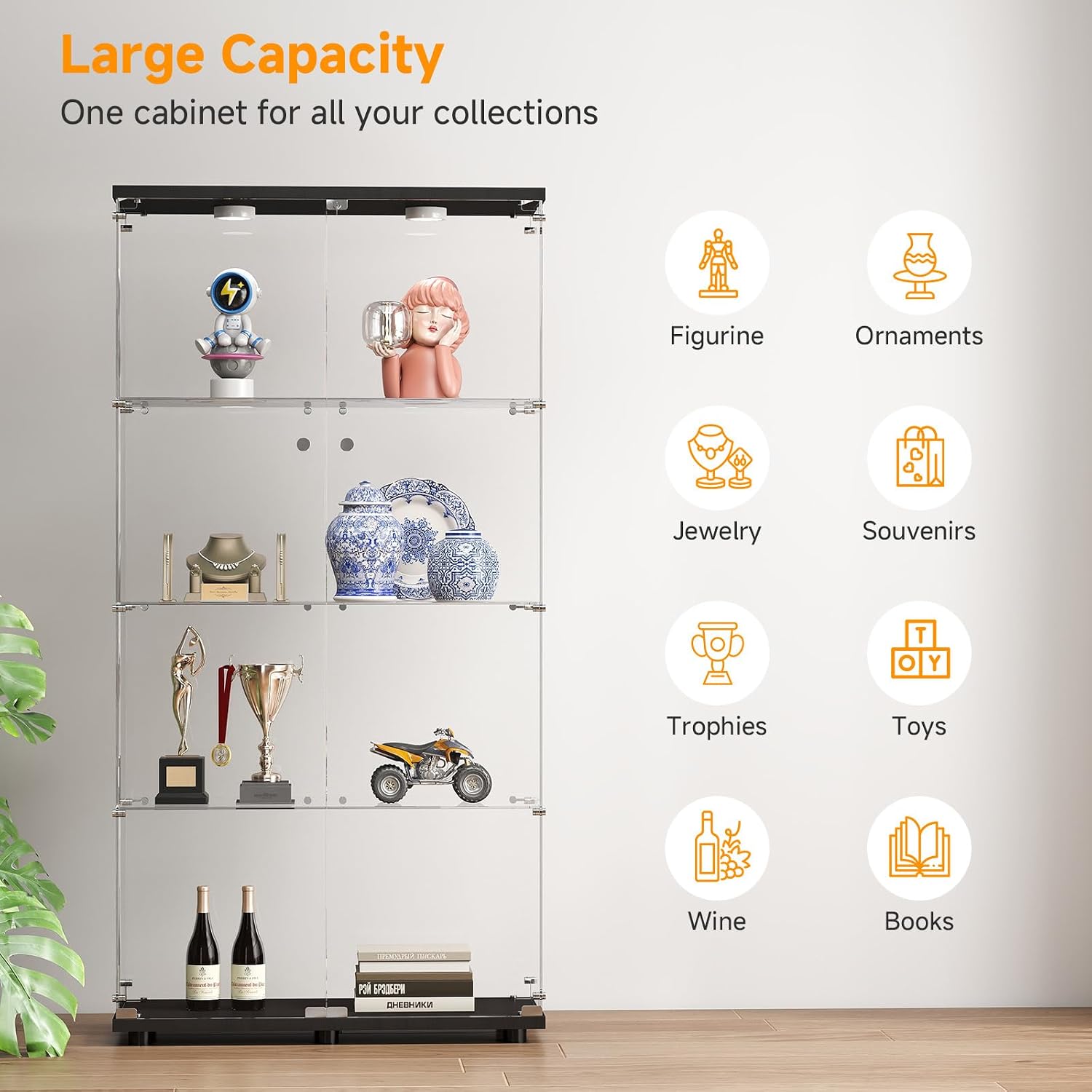 Zevemomo Tempered Glass Display Cabinet with Lights, 4-Tier Curio Cabinet with Glass Doors and Lock, Glass Display Case for Collectibles, for Living Room, Bedroom, Office, Black, Double Door