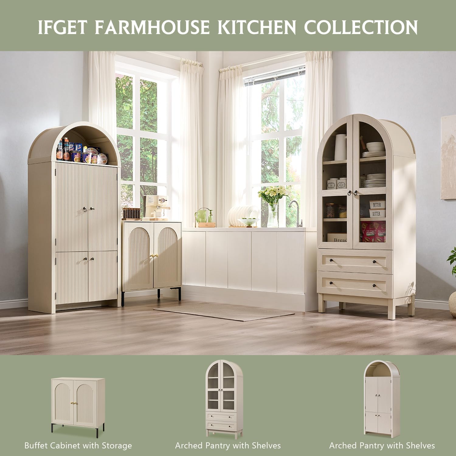 IFGET 71' Tall Arched Kitchen Pantry Cabinet, Wood Kitchens Storage Cabinets with 2 Large Drawers and Adjustable Shelves, Modern Farmhouse Versatile Cupboard for Kitchen, Dining Room, Bathroom, Cream