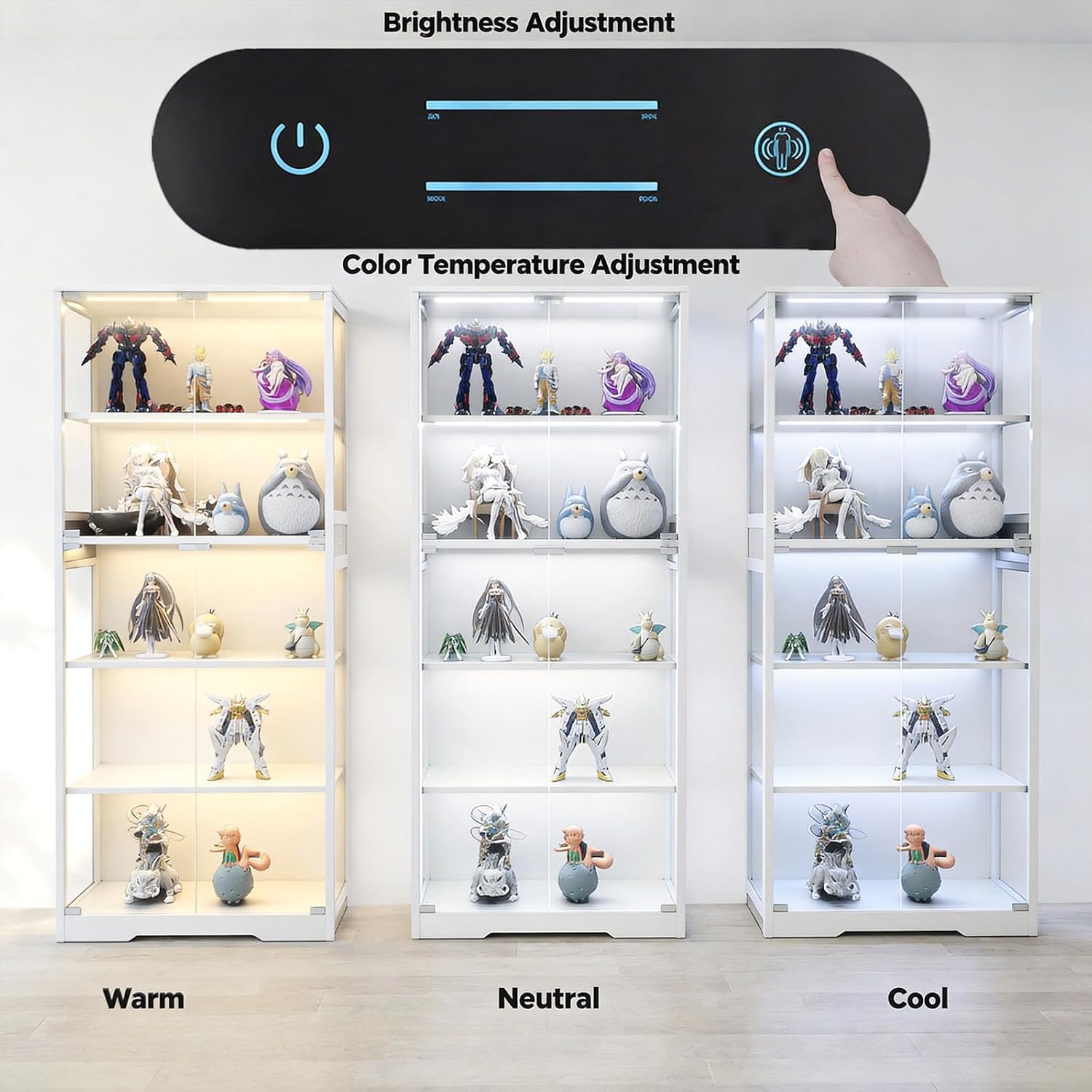 Glass Display Cabinet, 5-Tier Curio Cabinet with Glass Doors, Dimming LED Lights & Motion Sensor, for Collectible Figures, Living Room, Bedroom, or Office (Iron Frame White)
