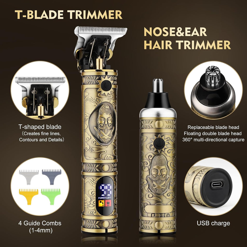 Dumite Professional Hair Clippers for Men,Hair Clippers+T-Blade Trimmer+Electric Shaver+Nose Hair Trimmer Set,4 in 1 Cordless Barber Hair Cutting Kit LCD Display Gifts (Gold)