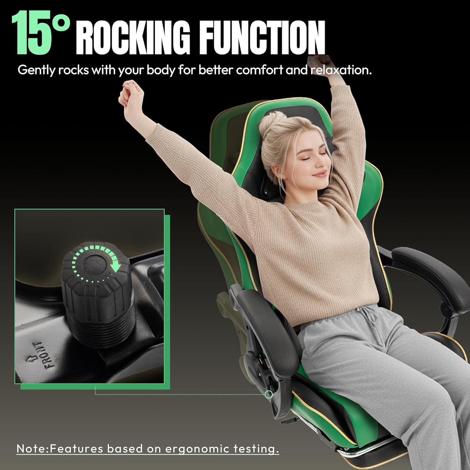 Dowinx Big and Tall Gaming Chair 350LBS, Racing Style Ergonomic Computer Chair with Side-Mounted Recline Control, Footrest & Massage Lumbar, High Back Chair with Embroidered Design for Work, Green