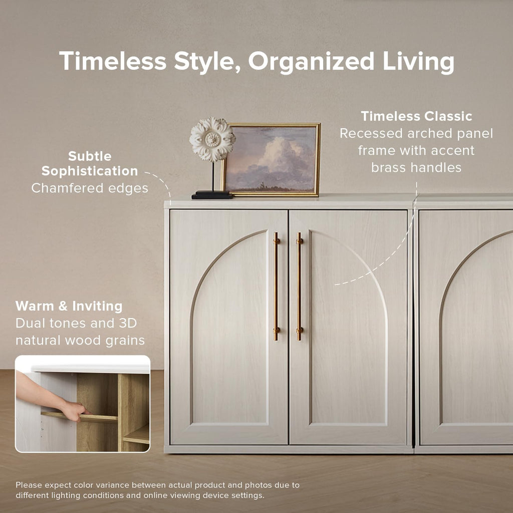 mopio Blake Storage Cabinet, Small Modular Accent Display Sideboard Buffet Cabinet with Storage, Media Console Credenza, for Kitchen, Coffee Bar, Pantry, Living Room (White Oak Arched, Single)