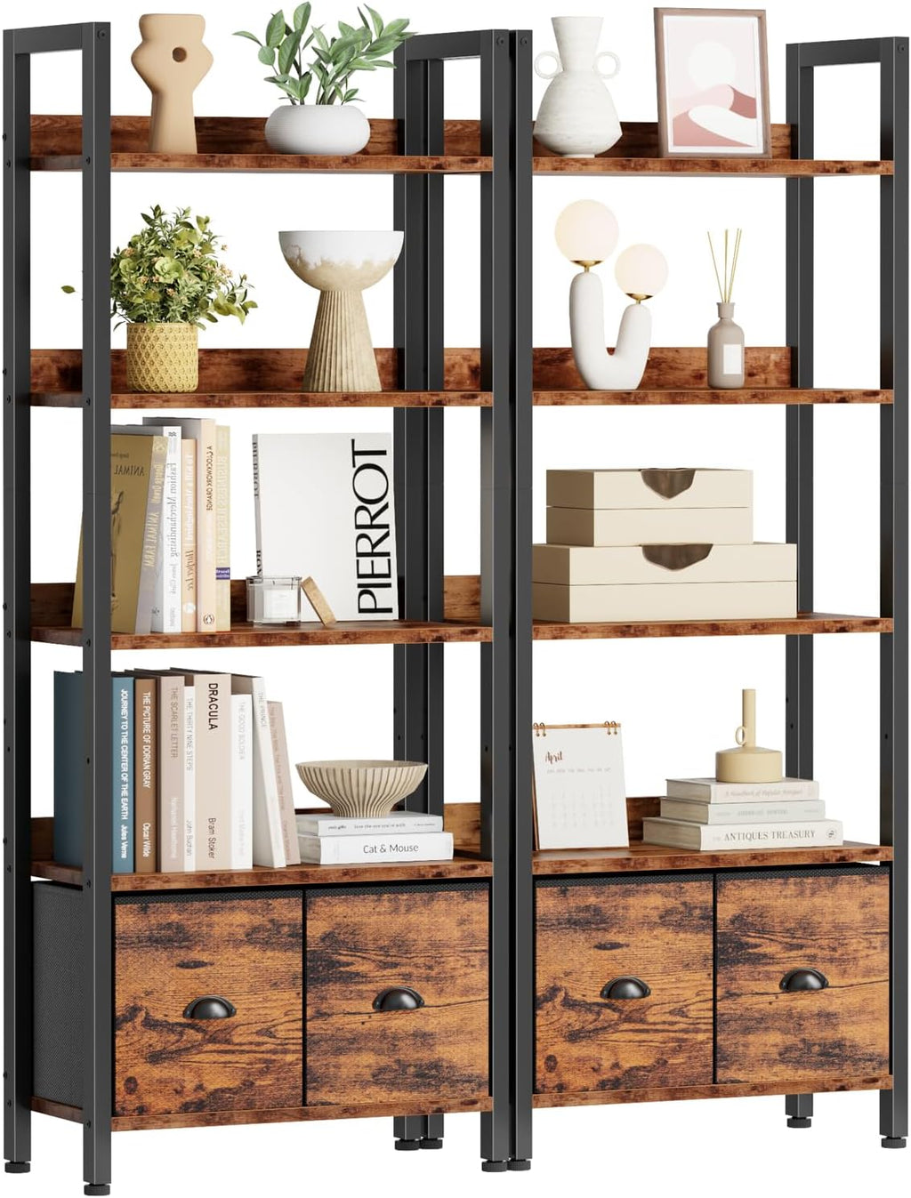 Furologee 5-Tier Bookshelf Set of 2,Tall Bookcase with 2 Drawers and Shelves, Industrial Display Free Standing Shelf Units, Storage Rack Organizer for Bedroom, Living Room, Home Office, Rustic Brown