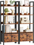 Furologee 5-Tier Bookshelf Set of 2,Tall Bookcase with 2 Drawers and Shelves, Industrial Display Free Standing Shelf Units, Storage Rack Organizer for Bedroom, Living Room, Home Office, Rustic Brown