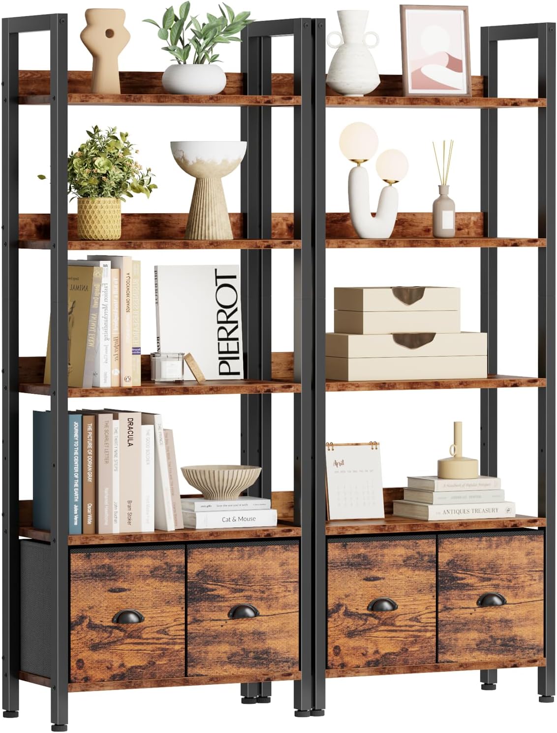 Furologee 5-Tier Bookshelf Set of 2,Tall Bookcase with 2 Drawers and Shelves, Industrial Display Free Standing Shelf Units, Storage Rack Organizer for Bedroom, Living Room, Home Office, Rustic Brown