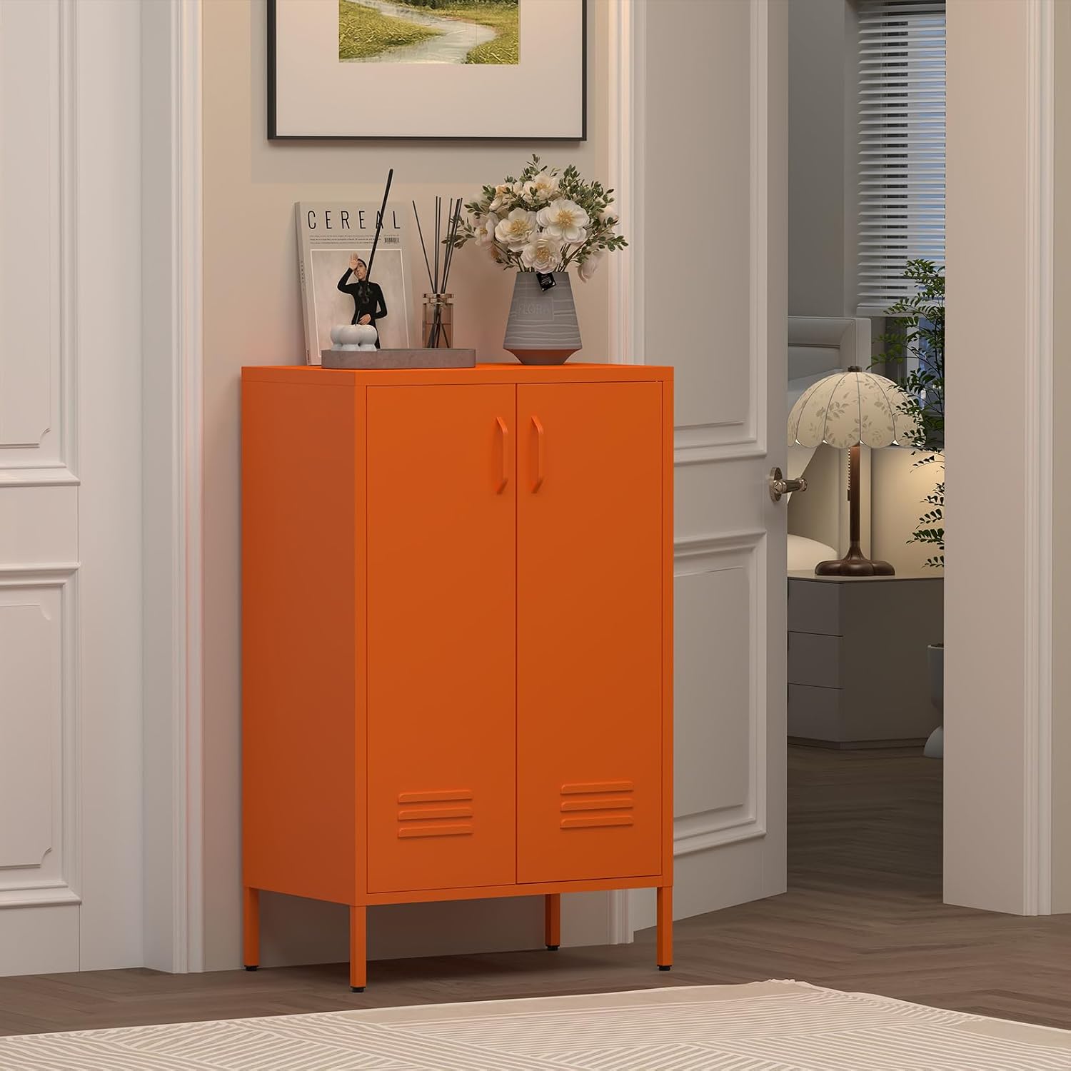 IRONFFICE Metal Locker Cabinet,Morden Storage Cabinet with 2 Adjustable Shelves,Metal Storage Cabinets with 2 Doors for Home Office,Gym,Utility Room,Orange