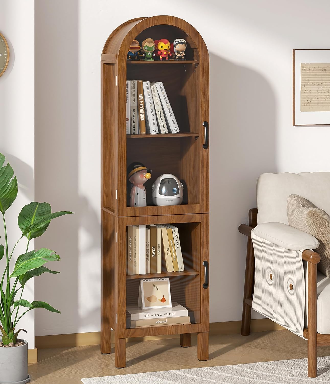 Lxsxlome 64.17 in Tall Arched Display Cabinet with Acrylic Glass Doors 5-Tier Kitchen Pantry Storage Cabinets Modern Wood Curio Cabinet Bookcase for Living Dining Room (Walnut, 16.92''W)
