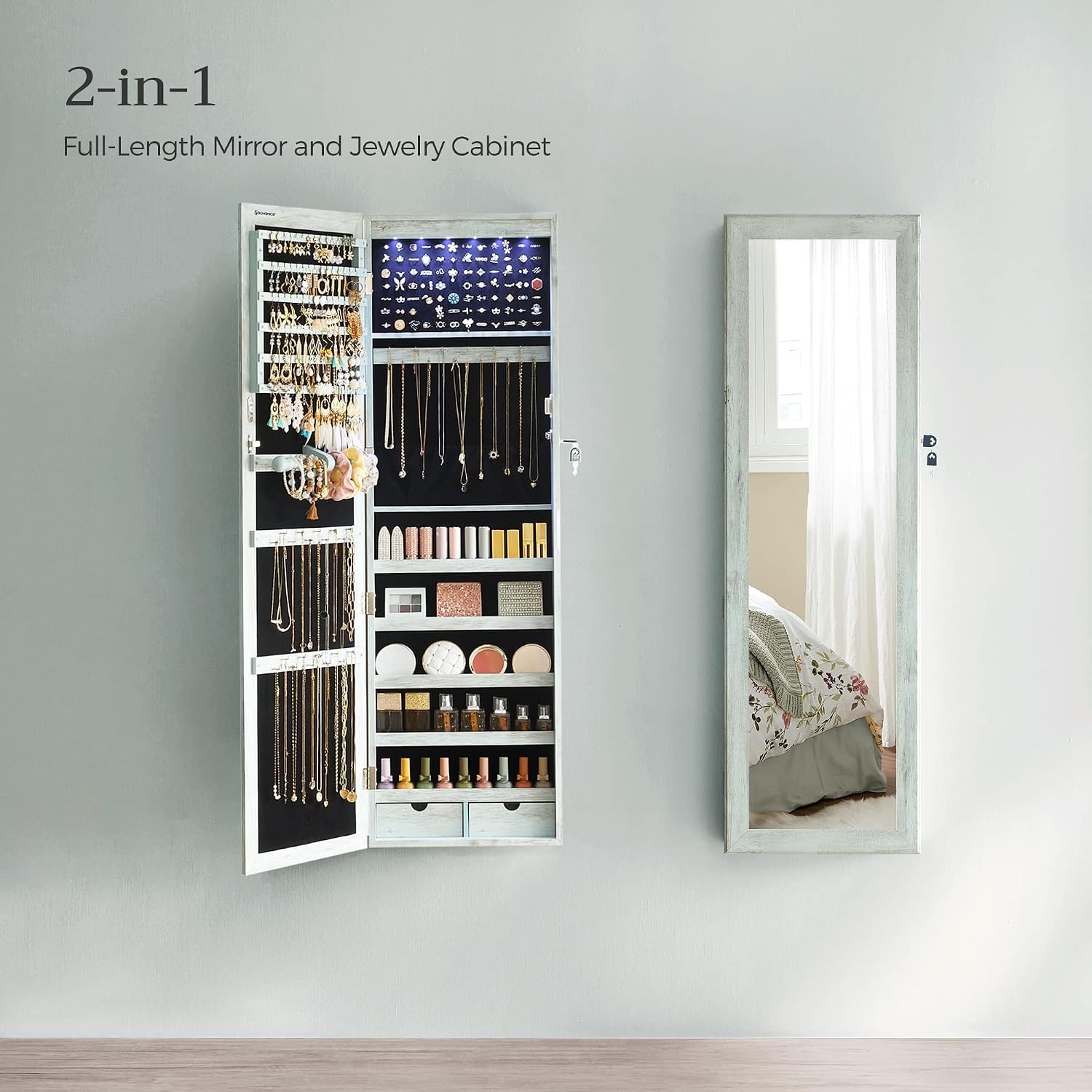 SONGMICS 6 LEDs Mirror Jewelry Cabinet, 47.2-Inch Tall Lockable Wall or Door Mounted Jewelry Armoire Organizer with Mirror, 2 Drawers, 3.9 x 14.6 x 47.2 Inches, Rustic Green UJJC93UJ