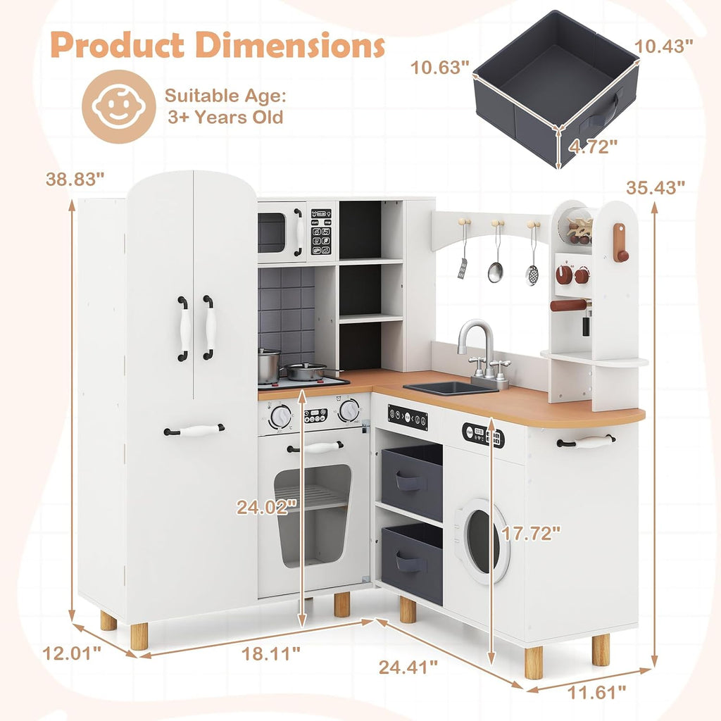 INFANS Kids Corner Kitchen Playset, Wooden Play Kitchen with Washing Machine, Coffee Maker, Toy Grinder, Gift for Boys Girls