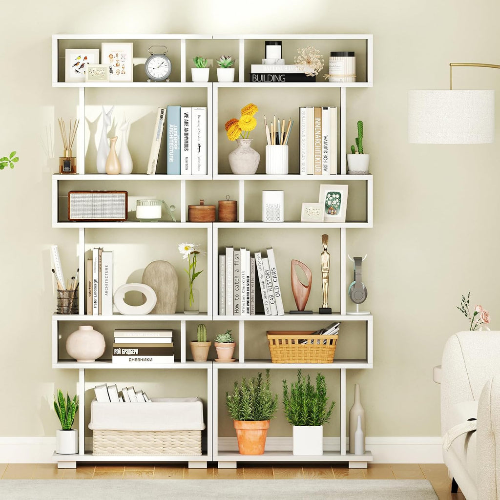 Giantex 6-Tier Geometric Bookcase Set of 2, 64' Tall S-Shaped Bookshelf w/Anti-Tipping Kit, Wood Freestanding Decorative Storage Display Shelves for Living Room, Bedroom & Home Office, White