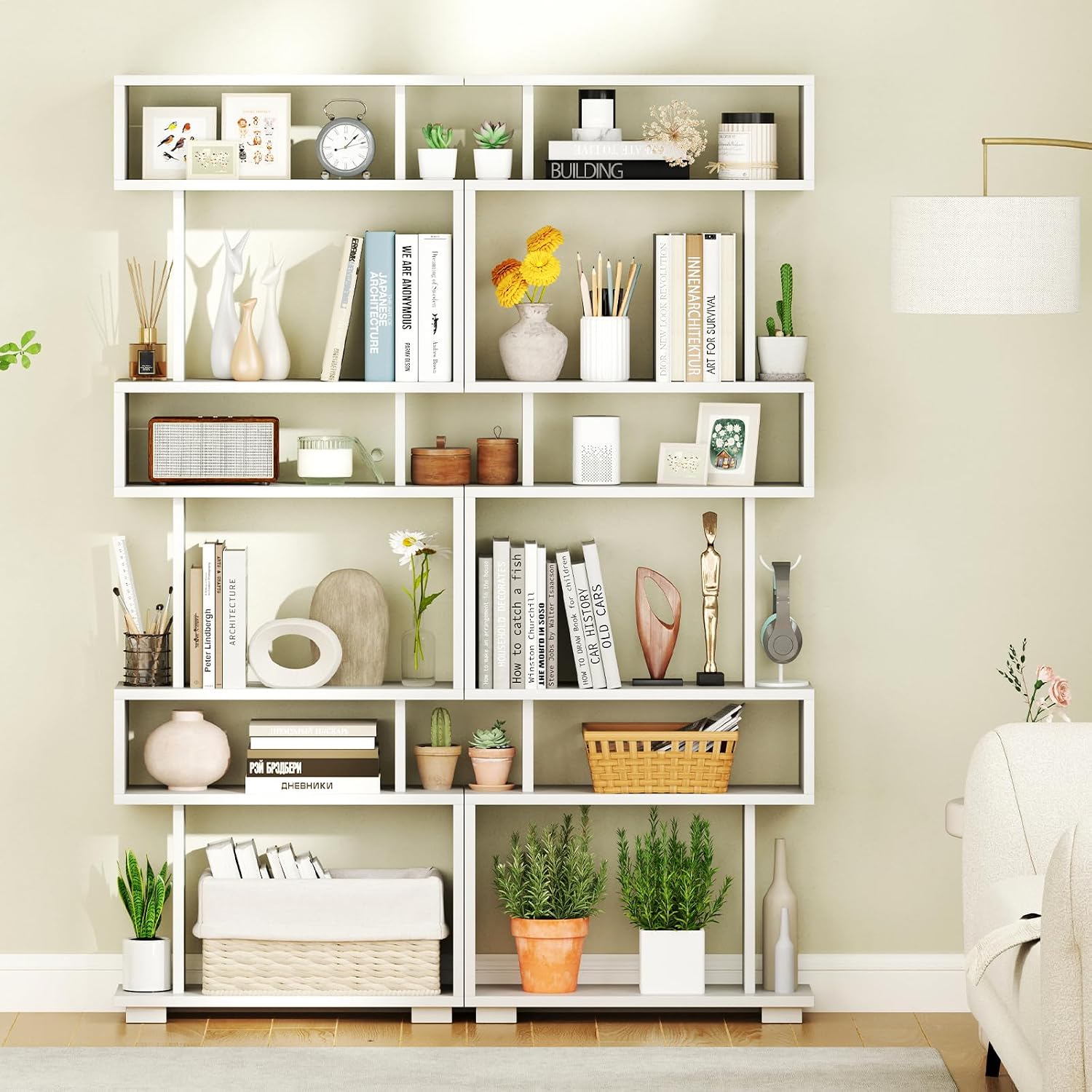 Giantex 6-Tier Geometric Bookcase Set of 2, 64' Tall S-Shaped Bookshelf w/Anti-Tipping Kit, Wood Freestanding Decorative Storage Display Shelves for Living Room, Bedroom & Home Office, White